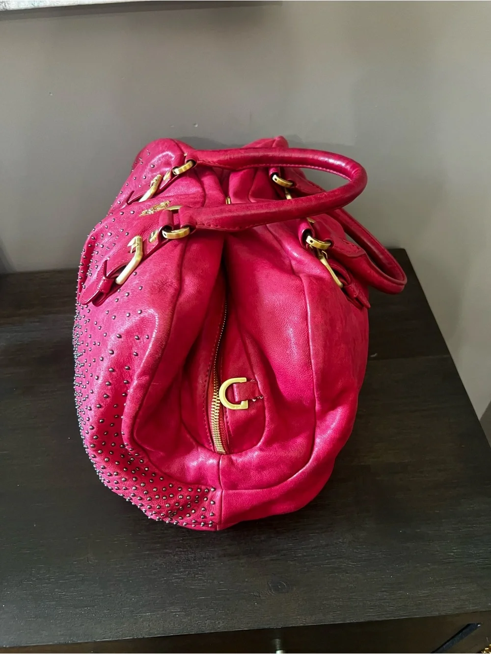 MCM Large Studded Leather Duffle Satchel Bag Fuchsia w Strap & Dust Bag